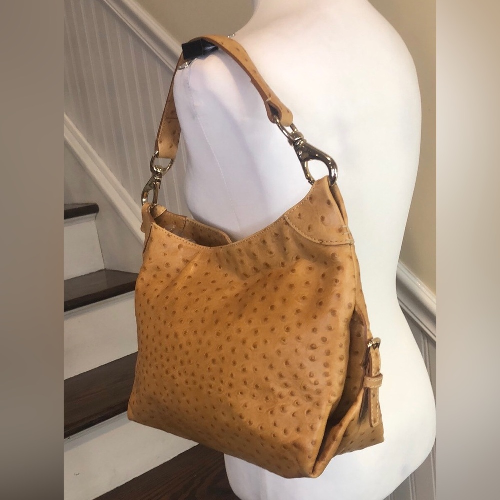 Vintage DOONEY & BOURKE Camel Ostrich Print Leather Shoulder Bag Hobo Design - Picture 6 of 14